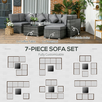 Outsunny 8 Piece PE Rattan Corner Sofa Set Garden Furniture Set Patio Wicker Sofa Seater w/ Cushion Washable Cushion Cover Tempered Glass Table Grey