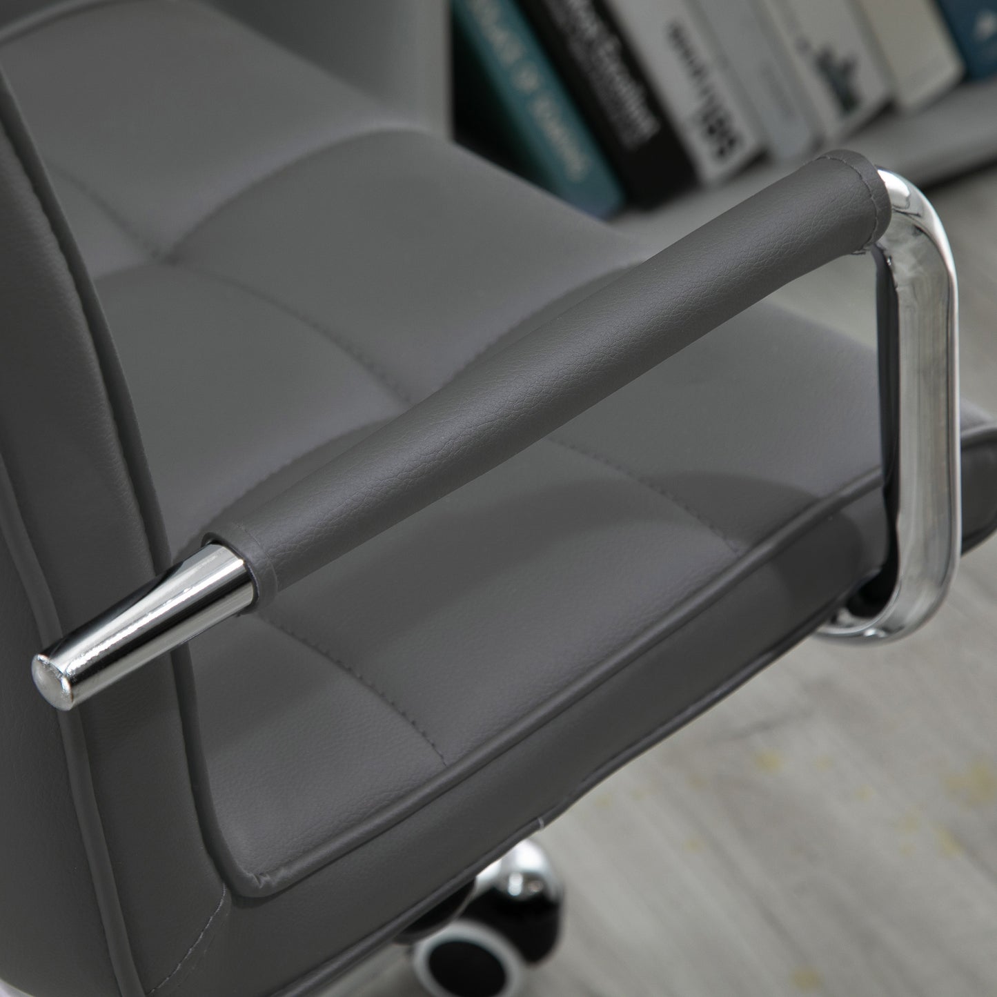 Mid Back PU Leather Home Office Chair | Fixed Armrests | 360° Swivel | 5 Wheels | Height Adjustable 84-99cm | 45x39cm Seat | 120kg | Grey