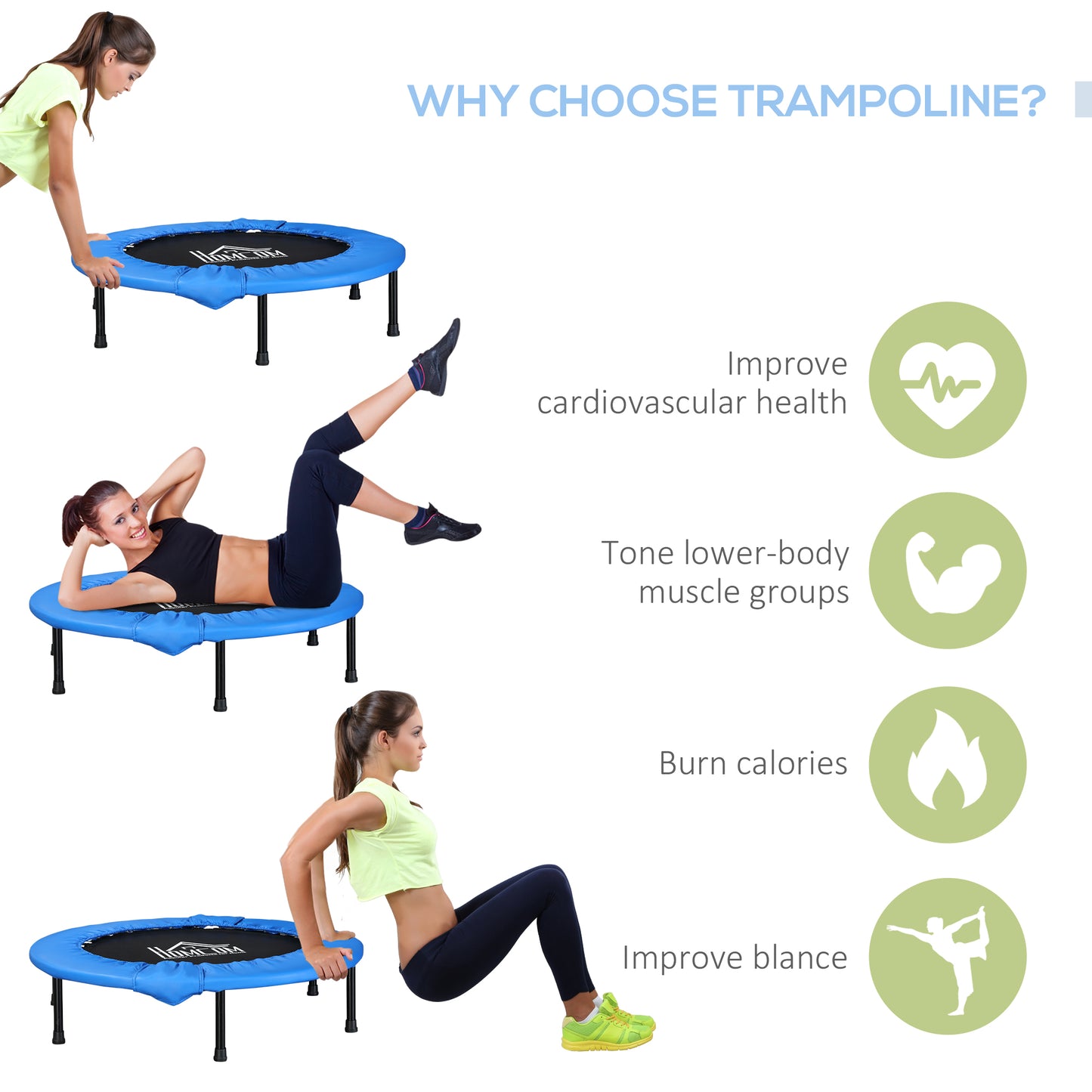 Φ96cm Foldable Mini Fitness Trampoline Home Gym Yoga Exercise Rebounder Indoor Outdoor Jumper w/ Safety Pad, Blue and Black