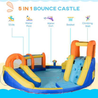 Outsunny 5 in 1 Kids Bouncy Castle Large Inflatable House Slide Water Pool Gun Basket Climbing Wall with 750W Inflator Carry bag 4.35 x 4.35 x 2m