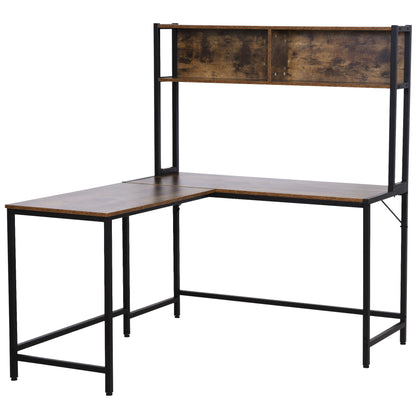 Industrial L-Shaped Work Desk & Storage Shelf Steel Frame Adjustable Feet Corner Workstation Home Office Study Stylish Brown Black
