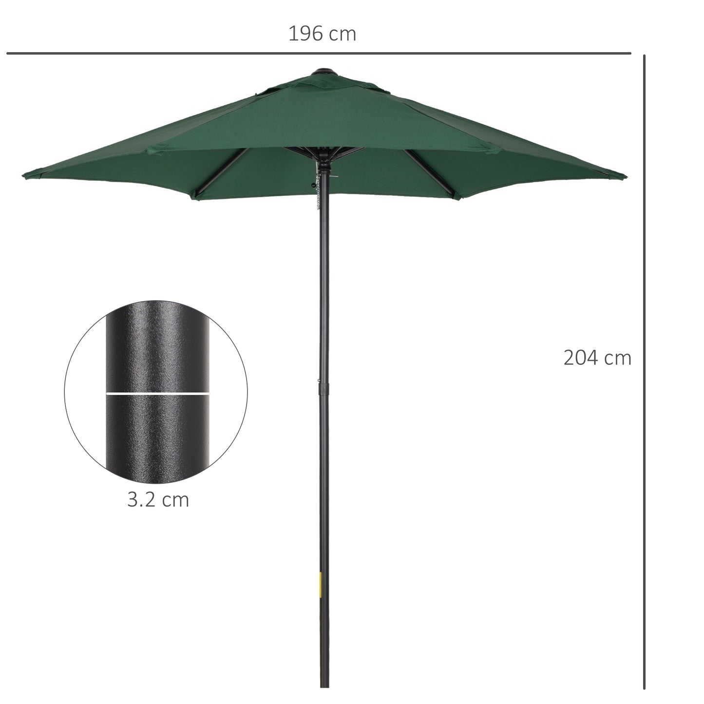 2m Patio Parasol Umbrella, Outdoor Sun Shade with 6 Sturdy Ribs for Balcony, Bench, Garden, Green