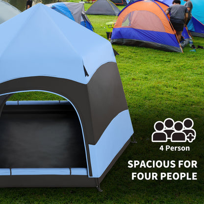 Outsunny Double Layer Dome Tent With Rainfly And Welded Floor 4 Man Hexagon Pop Up Portable Camping Shelter With Carry Bag - Blue and Black