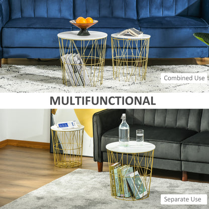 Set of 2 Nesting Side Tables With Storage, Round End Tables Coffee Tables With Steel Frame and Removable Round Top, White