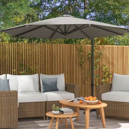 Outsunny 3 m Cantilever Banana Parasol with Cross Base, 360° Rotation Patio Umbrella with Crank Handle, Tilt, Light Grey