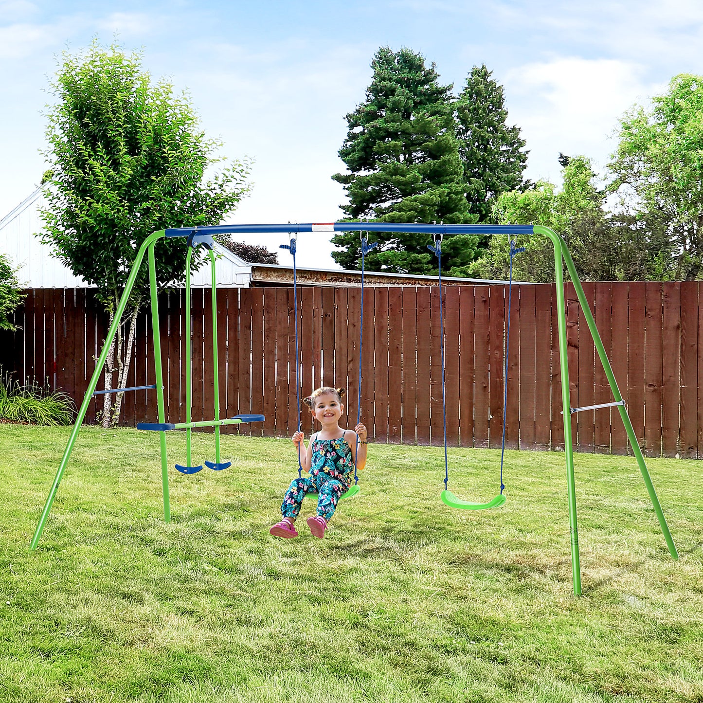 Outsunny Metal Swings & Seesaw Set Double Seats with a Height Adjustable Children Outdoor Backyard Play Set for Toddlers Over 3 Years Old, Green