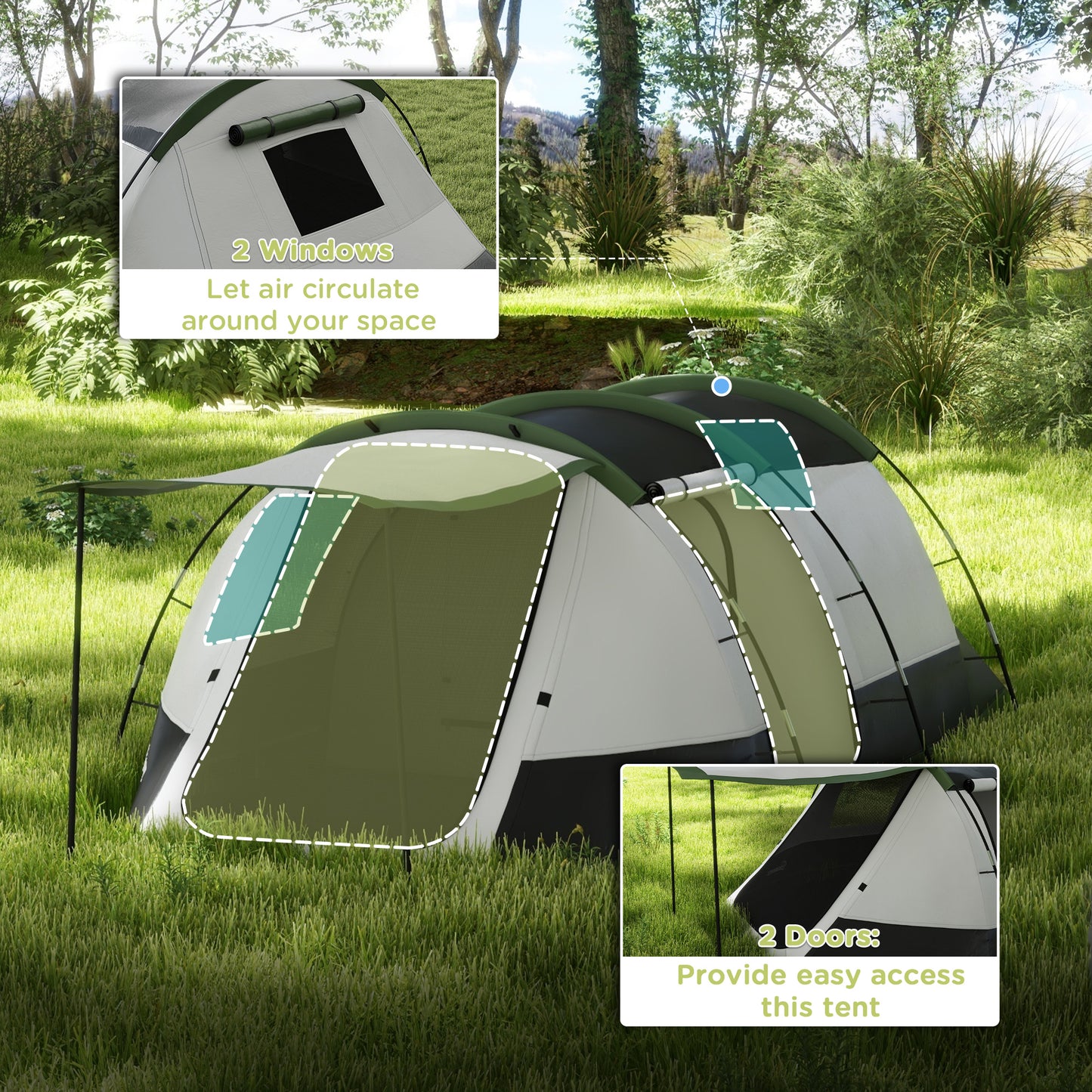 Outsunny 3-4 Man Camping Tent, Family Tunnel Tent, 2000mm Waterproof, Portable with Bag, Green