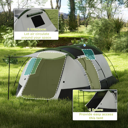 Outsunny 3-4 Man Camping Tent, Family Tunnel Tent, 2000mm Waterproof, Portable with Bag, Green