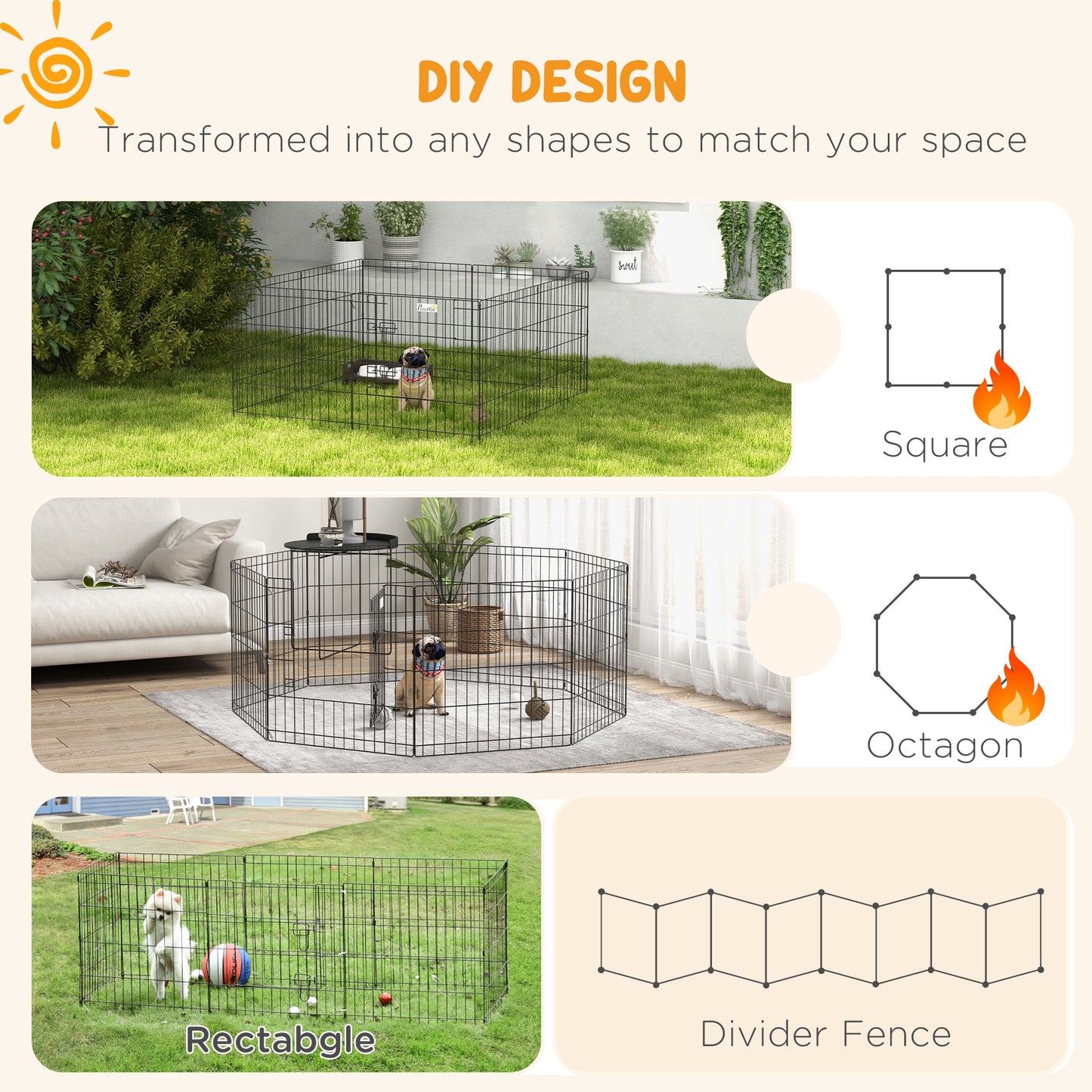 Pet Playpen | 8 Heavy-Duty Steel Panels | Double-Bolt Door | Configurable Shapes | Ground Pegs Included | Indoor & Outdoor | Small Dogs, Rabbits & Small Pets | 61 x 61cm Panels | Black