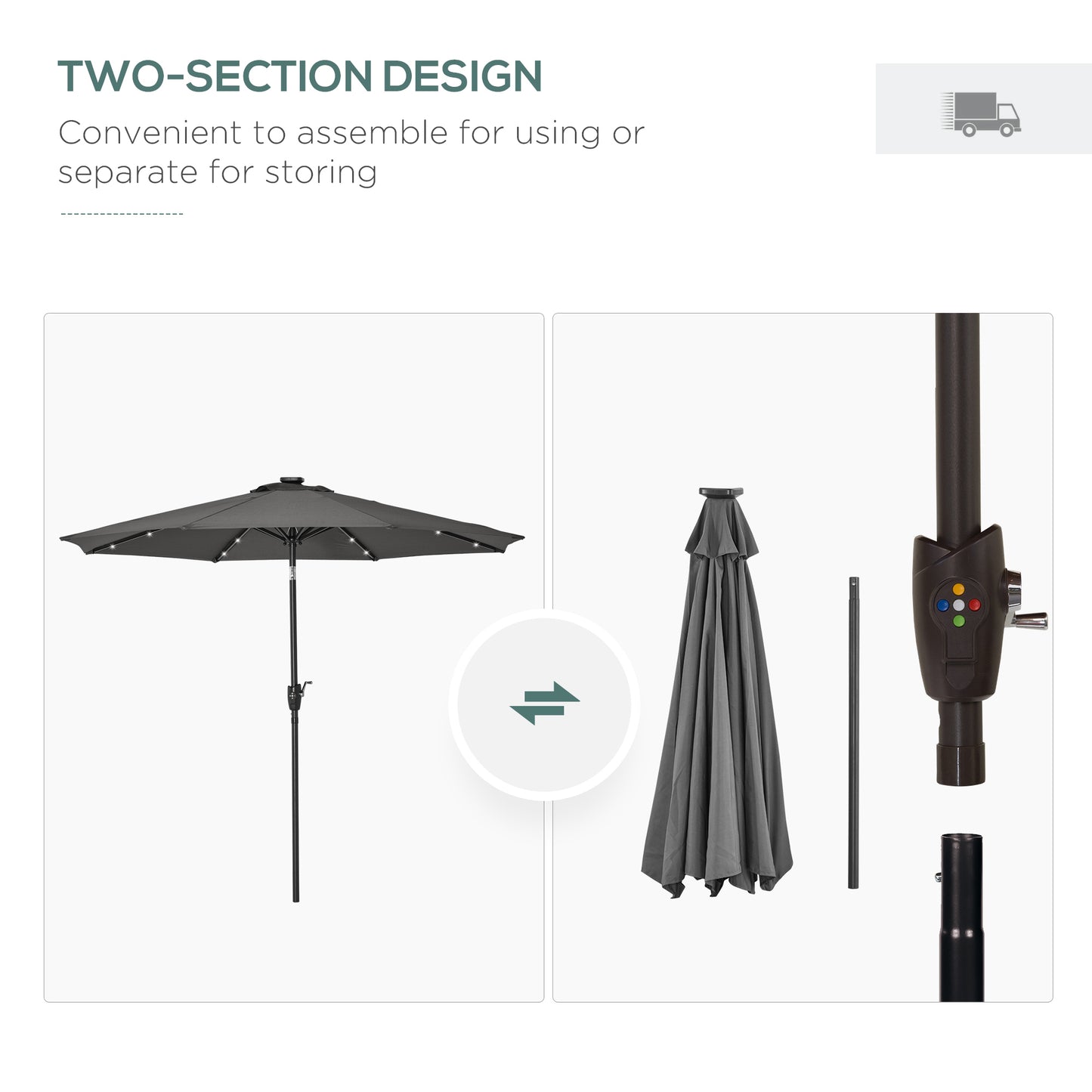 Outsunny Garden 24 LED Light Parasol Outdoor Tilt Sun Umbrella Patio Club Party Event Manual Sun Shade w/ Hand Crank Grey