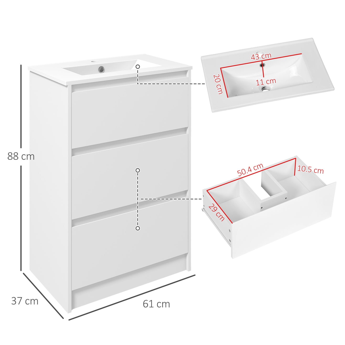 Kleankin 600mm Bathroom Vanity Unit with Basin and Single Tap Hole, High Gloss White Floor Standing Bathroom Sink Unit with 2 Drawers