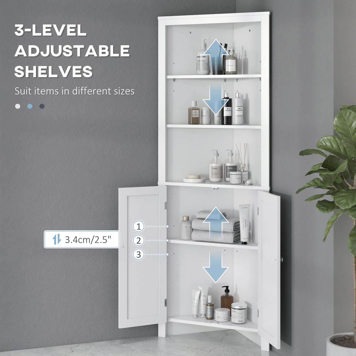 Kleankin Triangle Bathroom Cabinet, Corner Bathroom Storage Unit with Cupboard and 3-Tier Shelves, Free Standing, White