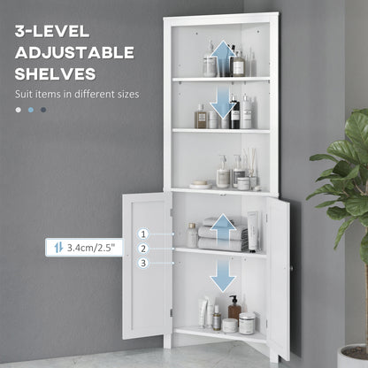 Kleankin Triangle Bathroom Cabinet, Corner Bathroom Storage Unit with Cupboard and 3-Tier Shelves, Free Standing, White