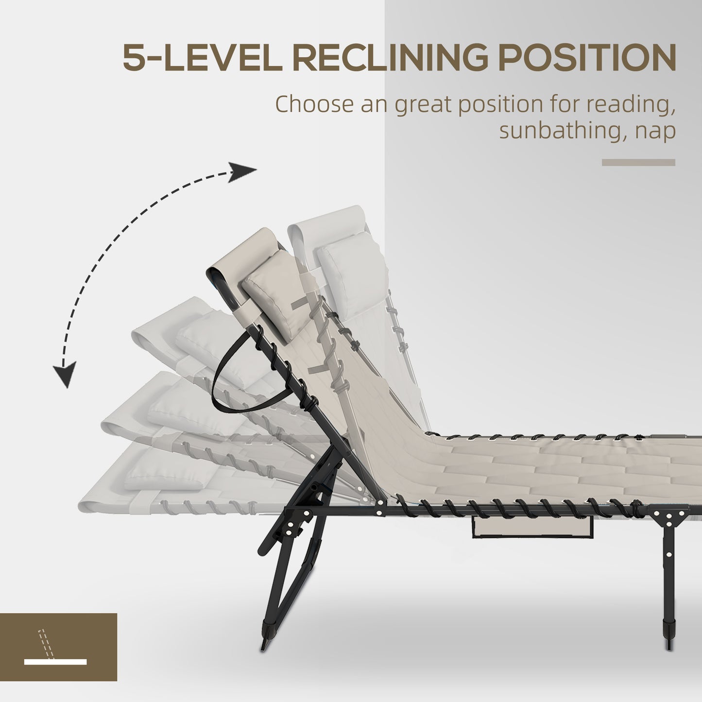 Foldable Sun Lounger Set With 5 Level Reclining Back, Outdoor Tanning Chairs With Build-in Padded Seat, Loungers With Side Pocket, Headrest - Khaki