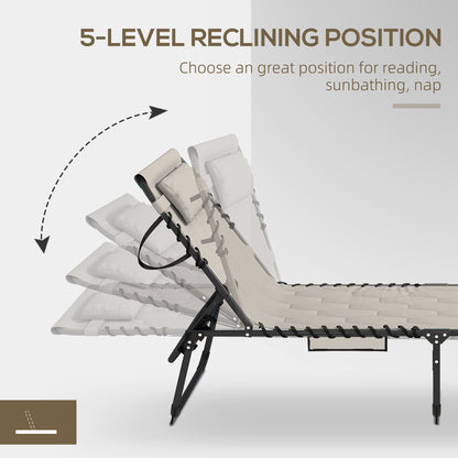 Foldable Sun Lounger Set With 5 Level Reclining Back, Outdoor Tanning Chairs With Build-in Padded Seat, Loungers With Side Pocket, Headrest - Khaki