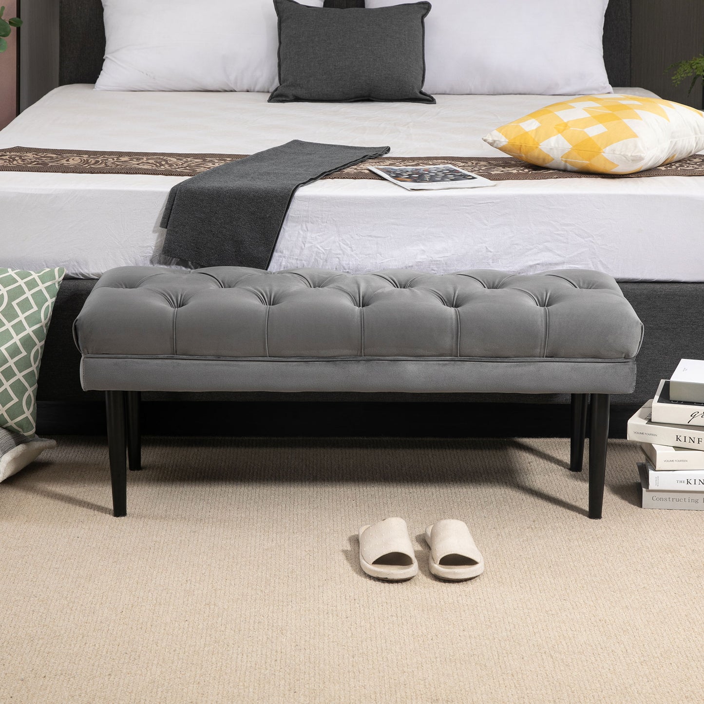 Entryway Bench, Bed End Bench, Button Tufted Window Seat, Upholstered Accent Stool for Living Room, Bedroom, Hallway, Grey