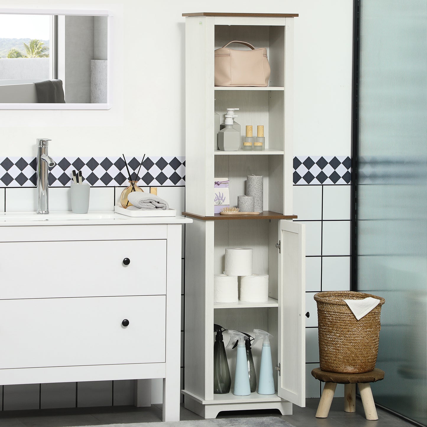 Kleankin Bathroom Cabinet, Tall Storage Cabinet With Door and Adjustable Shelves, 39.5 x 30 x 160 cm, White