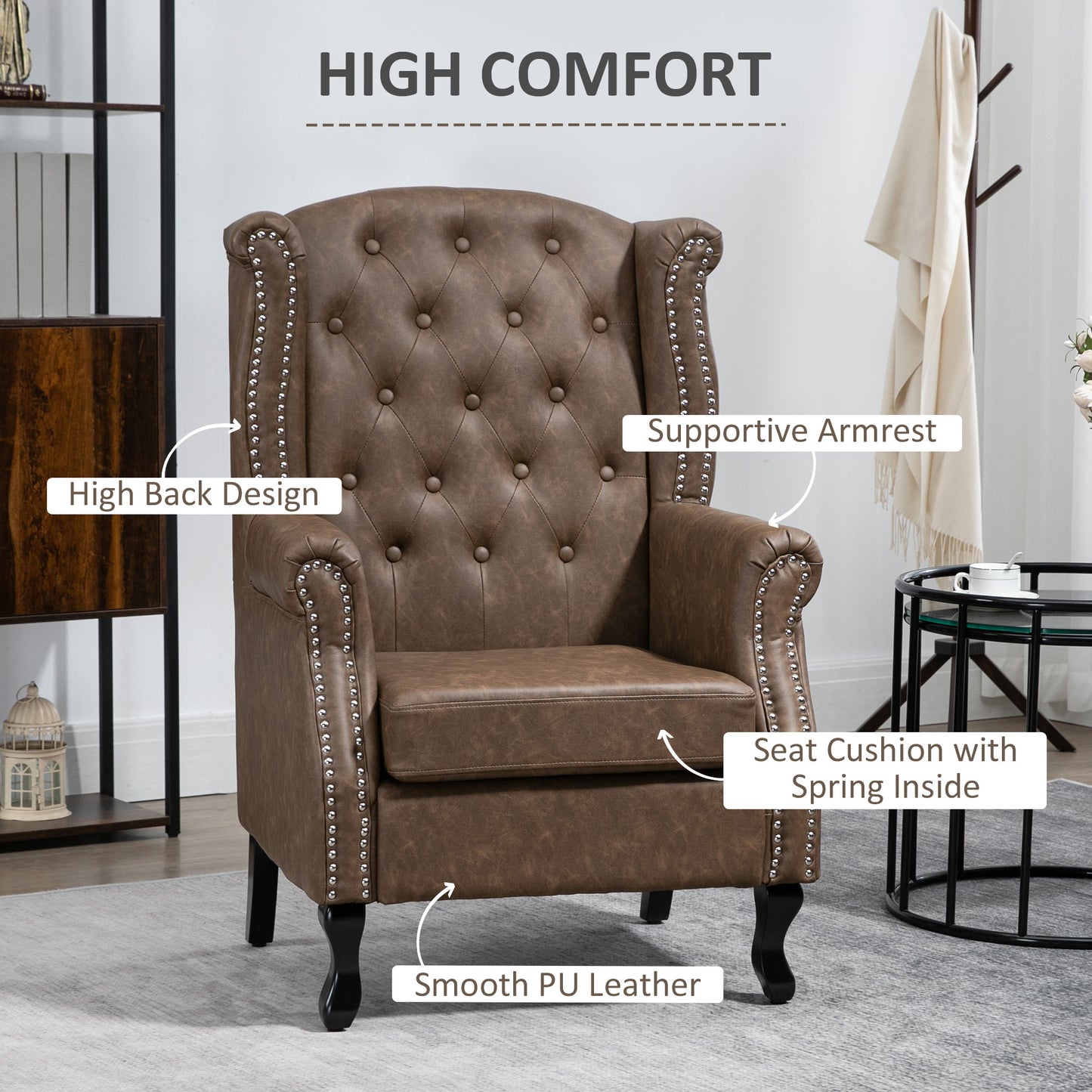 Retro Vintage Wingback Accent Chair Tufted Chesterfield-style Armchair with Nail Head Trim for Living Room Bedroom Brown
