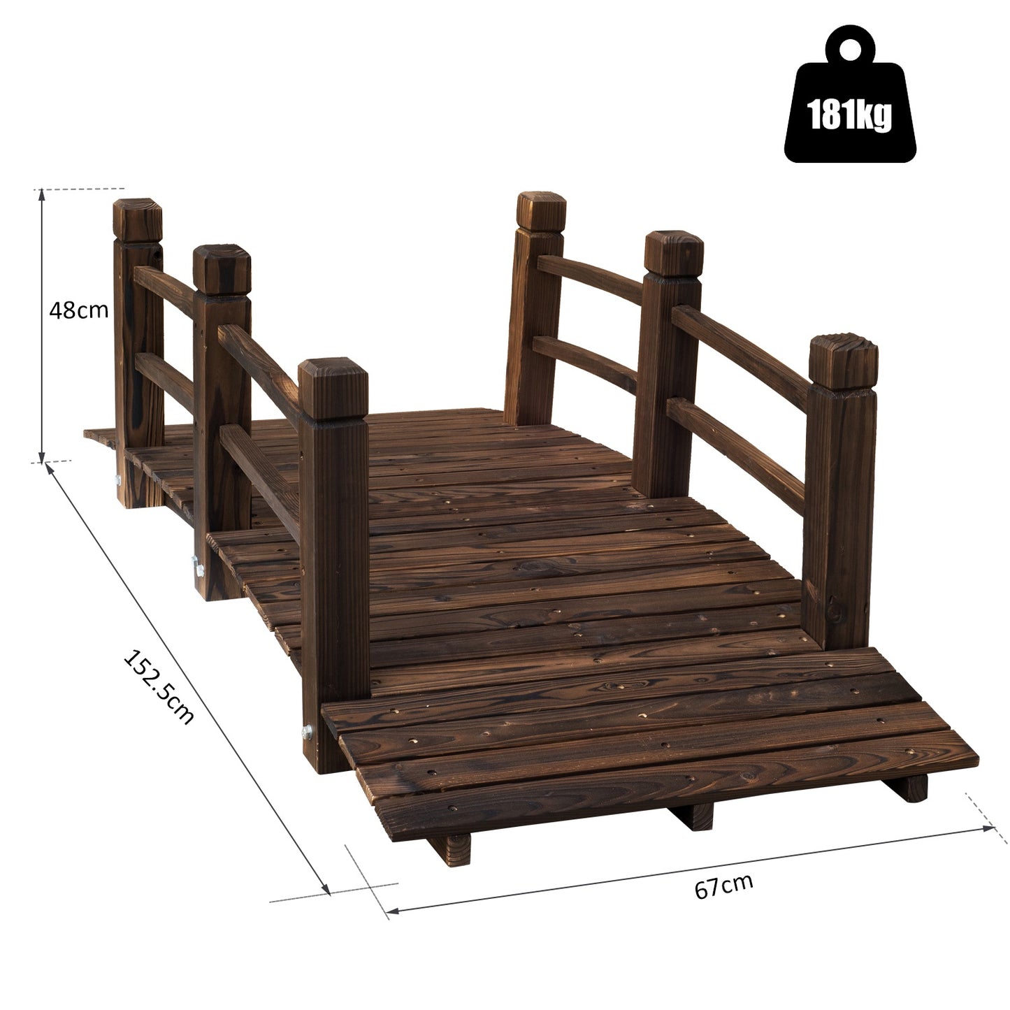 Outsunny Wooden Garden Bridge Lawn Décor Stained Finish Arc Outdoor Pond Walkway w/ Railings