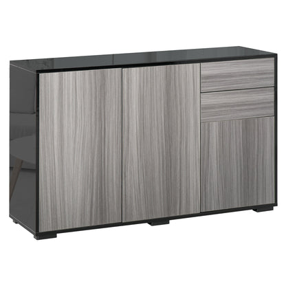 High Gloss Sideboard, Side Cabinet, Push-Open Design with 2 Drawer for Living Room, Bedroom, Light Grey and Black