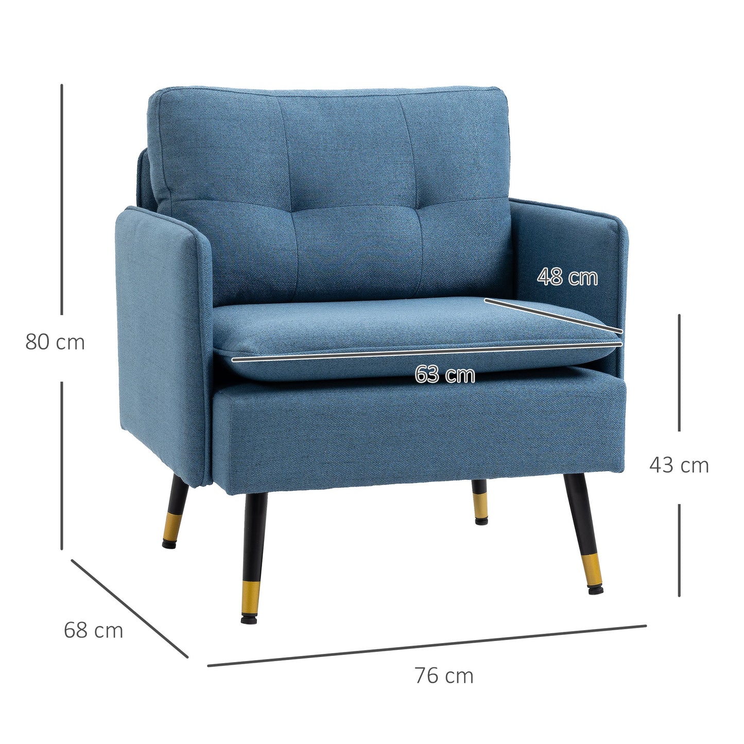 Modern Armchairs with Steel Legs, Upholstered Button Tufted Accent Chairs for Living Room and Bedroom, Dark Blue