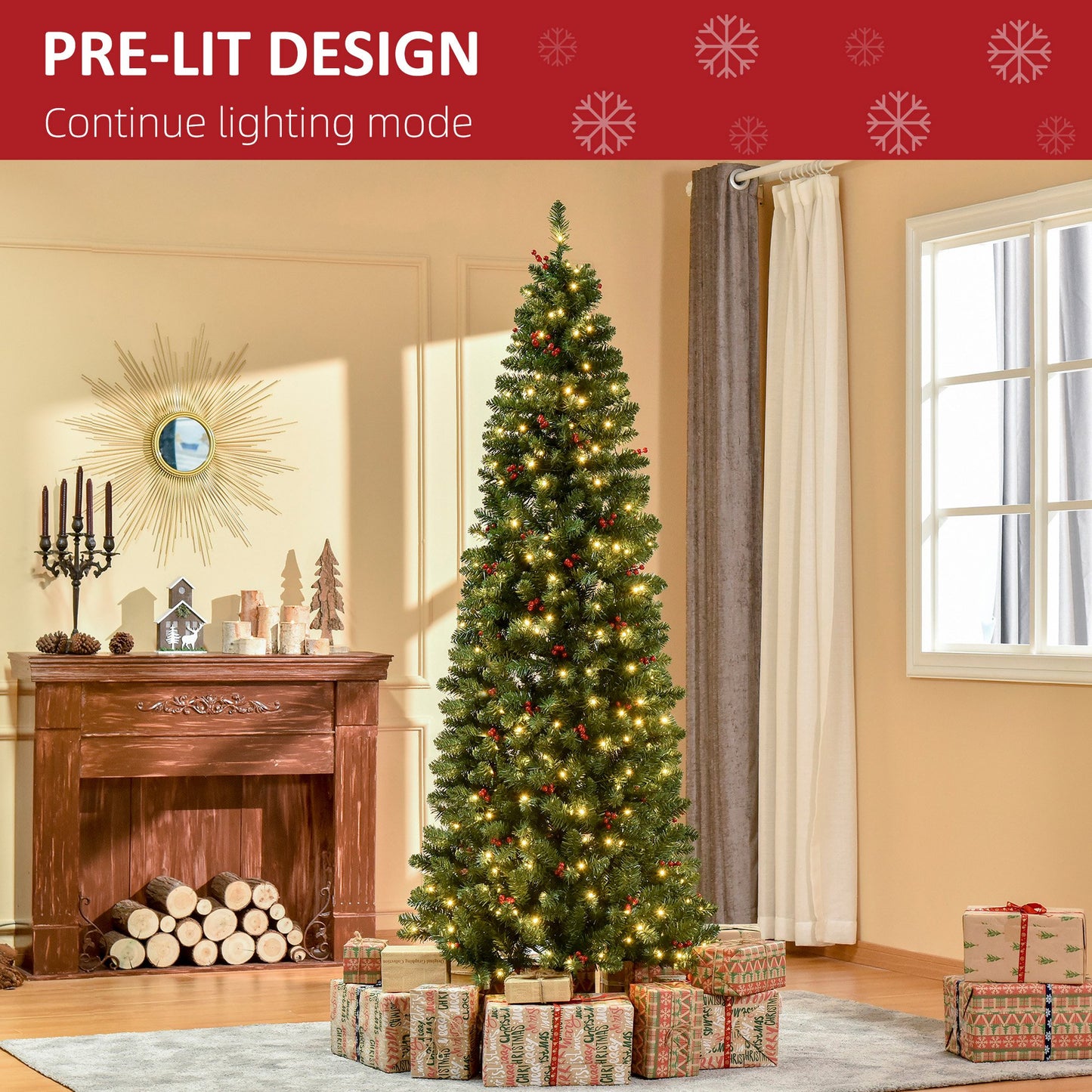 7FT Prelit Artificial Pencil Christmas Tree with Warm White LED Light, Red Berry, Holiday Home Xmas Decoration, Green