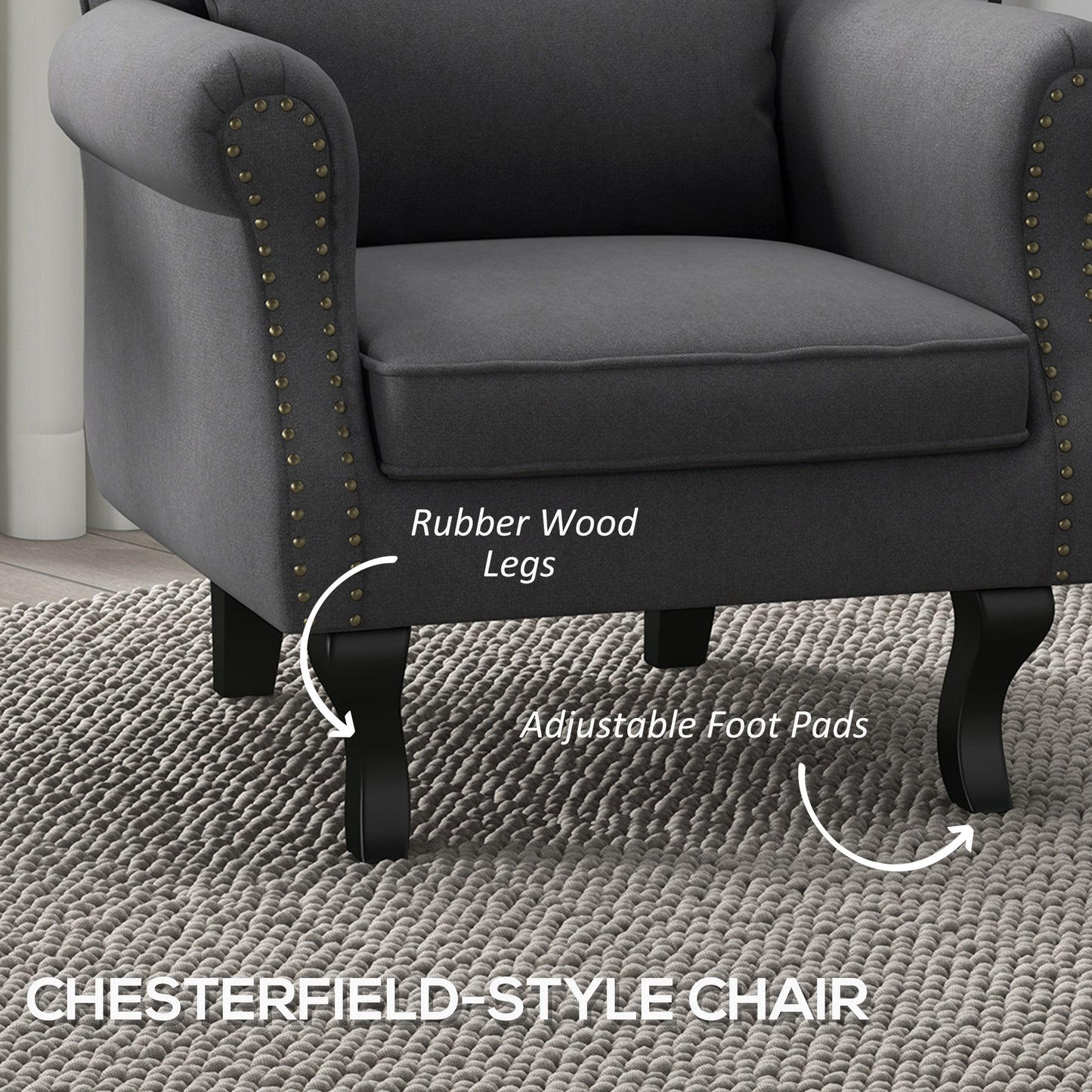 Chesterfield-style Accent Chair, Tufted Wingback Armchair with Pillow, Nailhead Trim for Living Room, Bedroom, Dark Grey