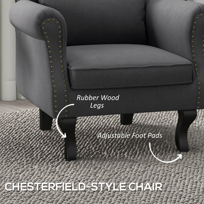 Chesterfield-style Accent Chair, Tufted Wingback Armchair with Pillow, Nailhead Trim for Living Room, Bedroom, Dark Grey