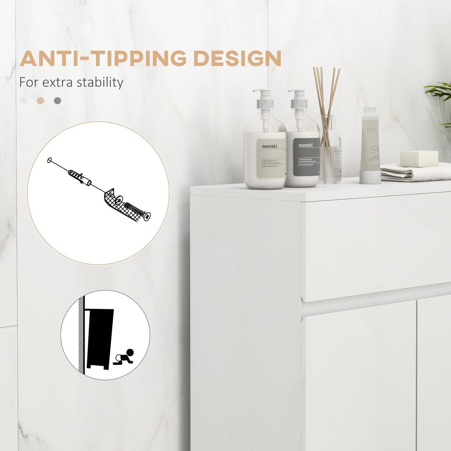 Kleankin Freestanding Bathroom Cabinet, High Gloss Storage Cabinet with Doors and Adjustable Shelf, 60 x 30 x 80 cm, White