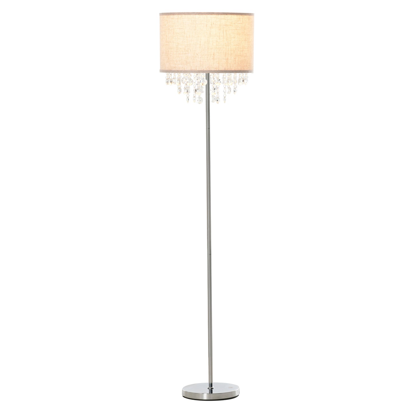 Modern Steel Floor Lamp with Crystal Pendant Fabric Lampshade Floor Switch, Home Style Standing Light, Silver and Cream White