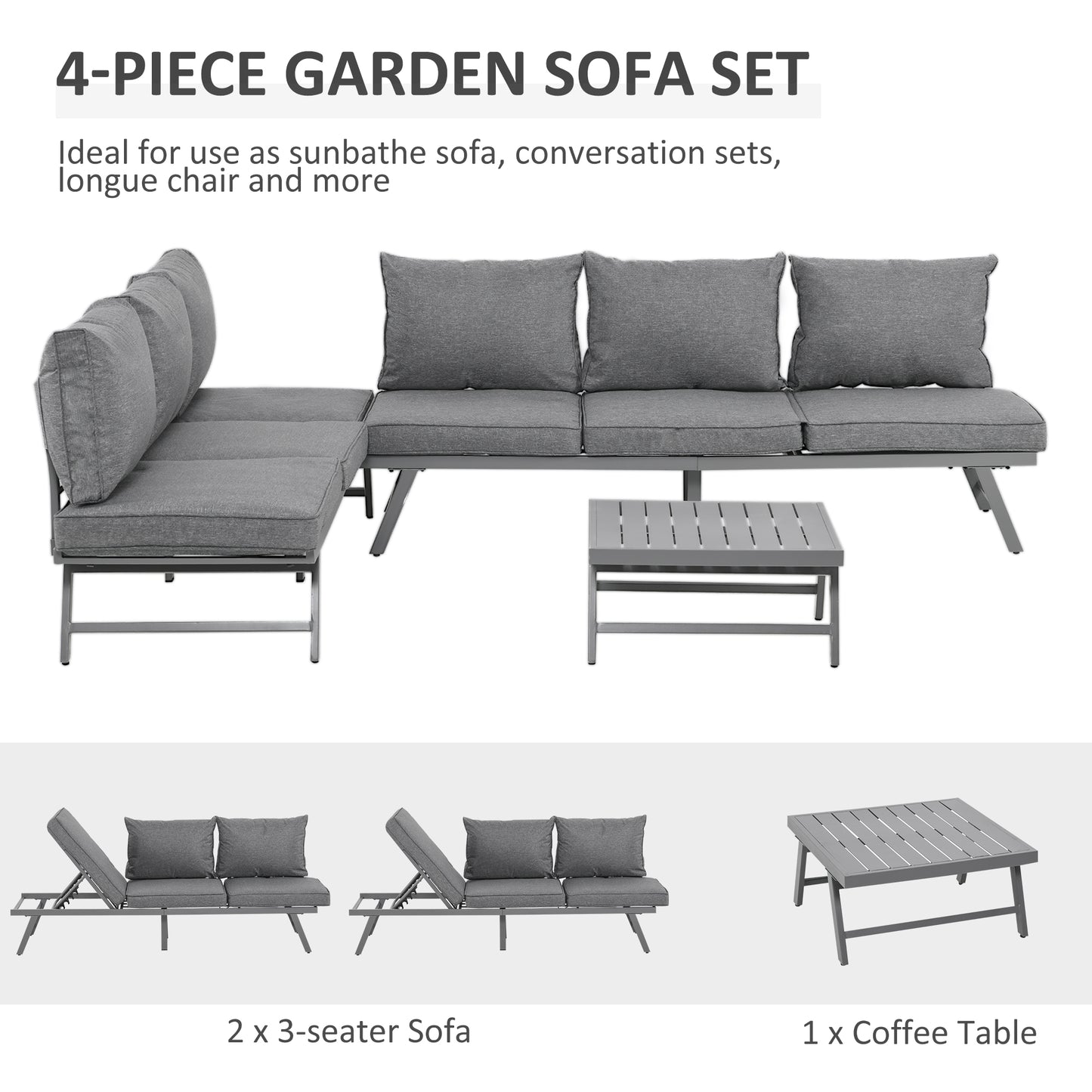 Outsunny 3  Piece Garden Seating Set w/ Convertible Sofa Lounge Table Padded Cushions Outdoor Patio Furniture Couch Grey
