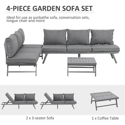 Outsunny 3  Piece Garden Seating Set w/ Convertible Sofa Lounge Table Padded Cushions Outdoor Patio Furniture Couch Grey