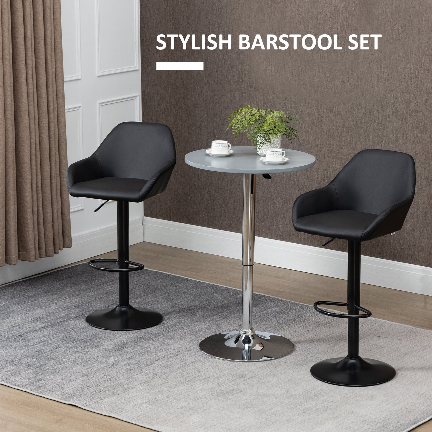 Bar Stools Set of 2, Swivel Barstools with Footrest and Backrest, PU Leather and Steel Base, for Kitchen Counter Dining Room, Black