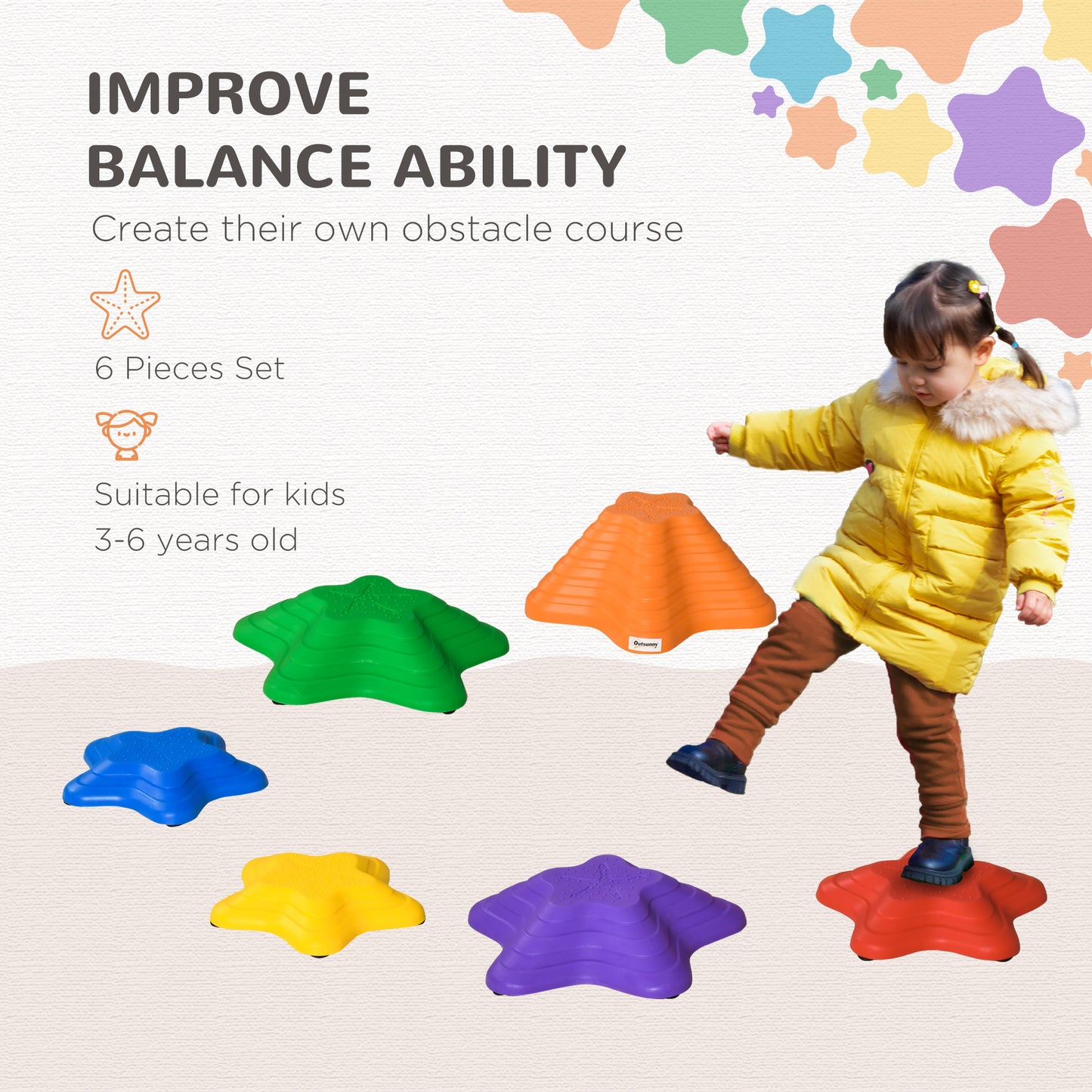 Outsunny 6 Piece Balance Stepping Stones for Kids Starfish Style Non-slip Obstacle Course Stackable Balance Blocks Encourage Toddler Balance