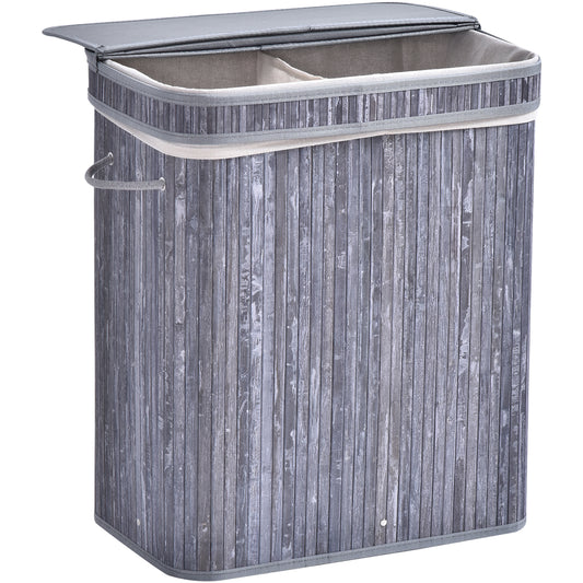 Wooden Laundry Basket w/ Split Compartment Lid Removable Lining Handles Air Holes Ventilation Durable Water-Resistant Clothes Storage Grey 100L