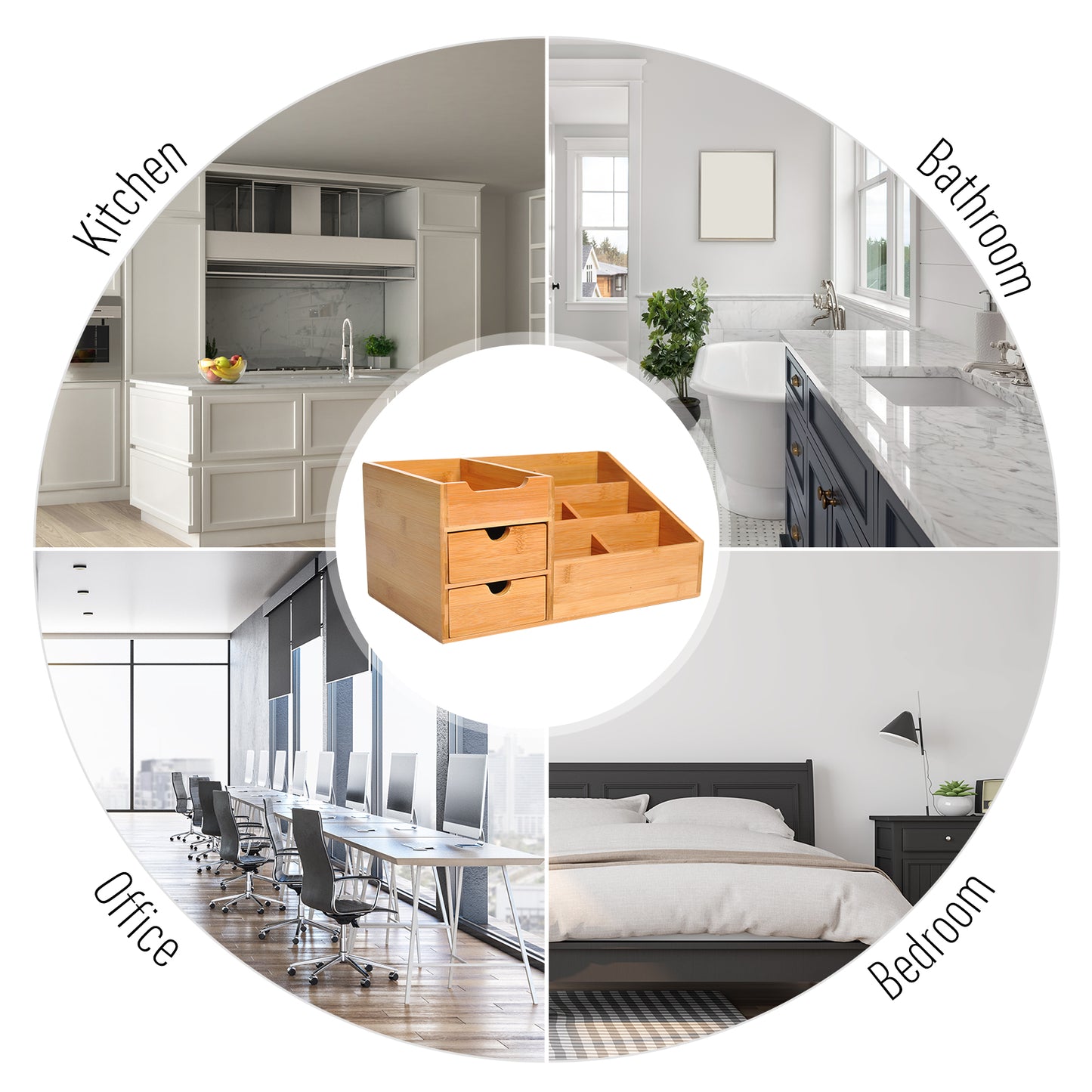 Natural Wood Organiser Holder Multi-Function Storage Caddy Drawers Home Office Stationary Supplies 7 Storage Compartments and 2 Drawers