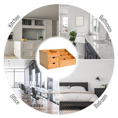 Natural Wood Organiser Holder Multi-Function Storage Caddy Drawers Home Office Stationary Supplies 7 Storage Compartments and 2 Drawers