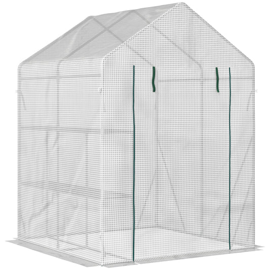 Outsunny Walk-In Greenhouse Portable Gardening Plant Grow House with 2 Tier Shelf, Roll-Up Zippered Door and PE Cover, 143 x 143 x 195 cm
