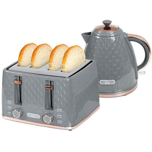 3000W 1.7L Fast Boil Kettle & 4 Slice Toaster Set, Kettle and Toaster Set with 7 Browning Controls, Crumb Tray, Grey