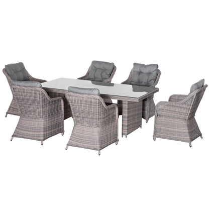 Outsunny 7 Piece Outdoor PE Rattan Dining Table Set, Patio Wicker Aluminium Chair Furniture w/ Tempered Glass Table Top, Grey