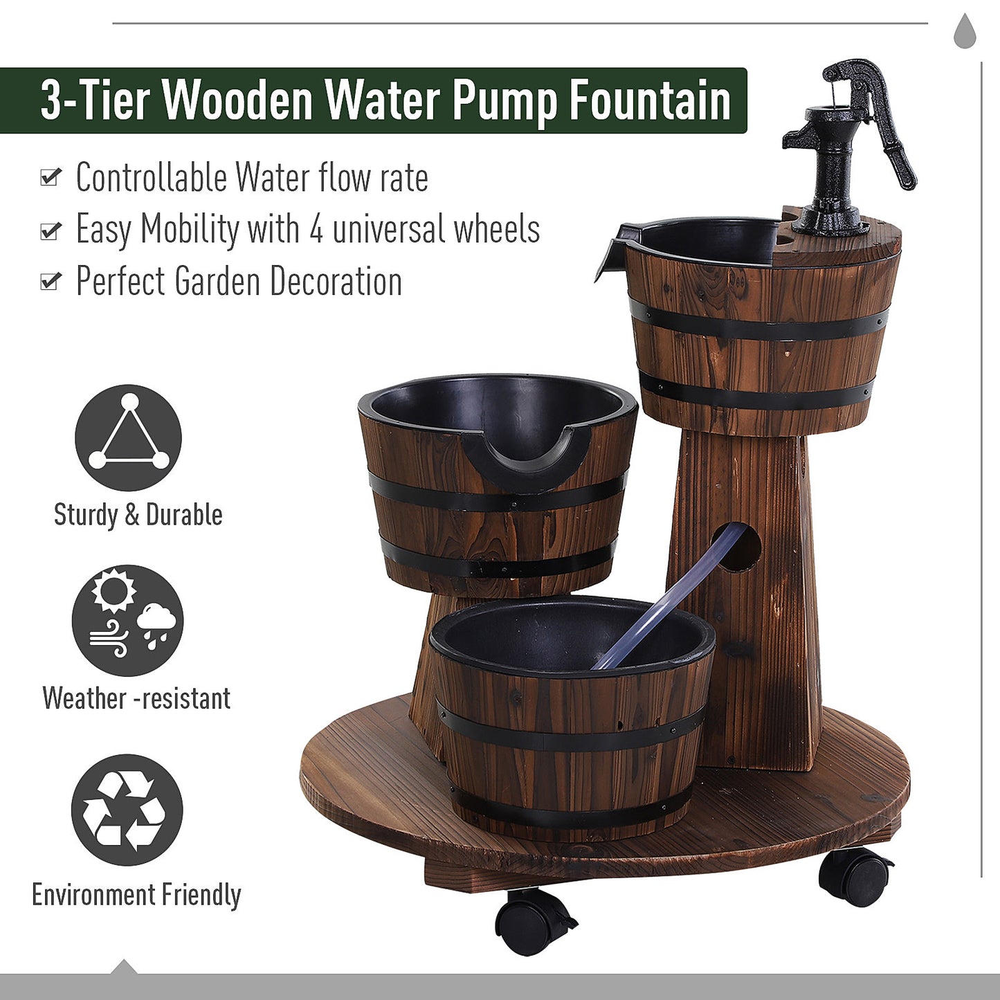 Outsunny Fir Wood 3 Barrel Water Foundation With Pump