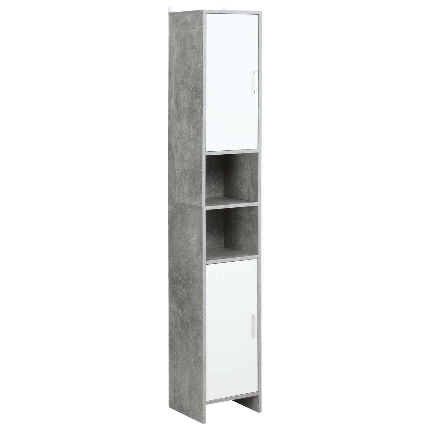 Kleankin Free-standing Tall Bathroom Storage Cabinet w/ 2 Cupboards 2 Open Compartments, Slim Bathroom Organizer Adjustable Shelves Elevated Base-Grey