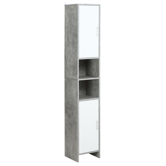 Kleankin Free-standing Tall Bathroom Storage Cabinet w/ 2 Cupboards 2 Open Compartments, Slim Bathroom Organizer Adjustable Shelves Elevated Base-Grey
