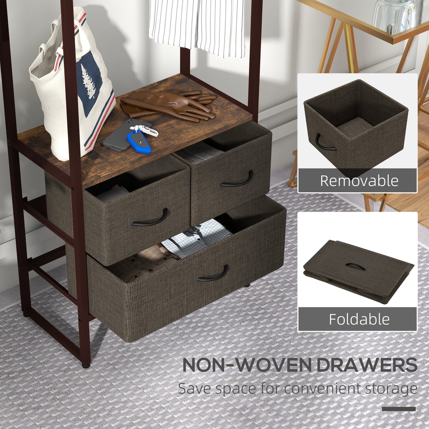 Free Standing Clothes Rail with 3 Fabric Drawers and Storage Shelves, Garment Rack, Hanging Rail for Hallway, Bedroom and Living Room, Rustic Brown