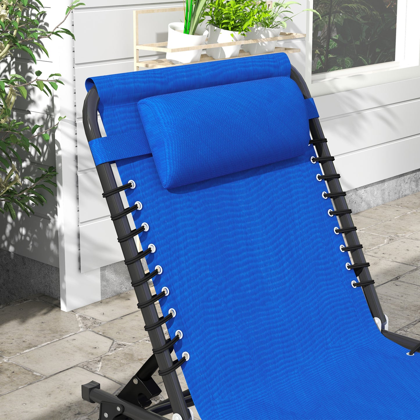 Outsunny Set Of 2 Folding Sun Lounger Beach Chaise Chair Garden Cot Camping Recliner with 4 Position Adjustable Blue