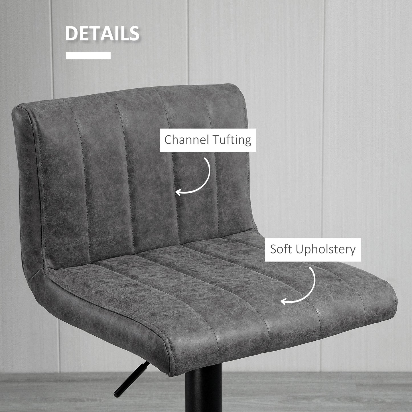 Barstools Set of 2 Adjustable Height Swivel Gas Lift PU Leather Counter Bar Chairs with Footrest, Grey