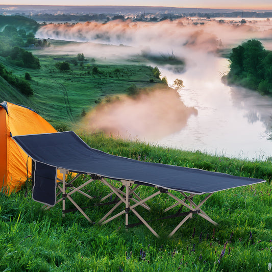 Outsunny Single Person Camping Folding Cot Outdoor Patio Portable Military Sleeping Bed Travel Guest Leisure Fishing with Carry Bag, Blue
