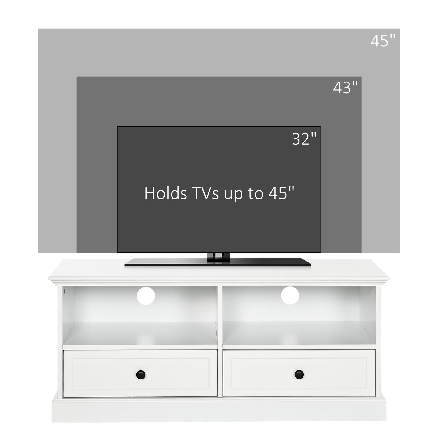 Modern TV Unit Cabinet for TVs up to 45 Inches, TV Stand with Drawers, Open Shelves, Cable Holes for Living Room, White