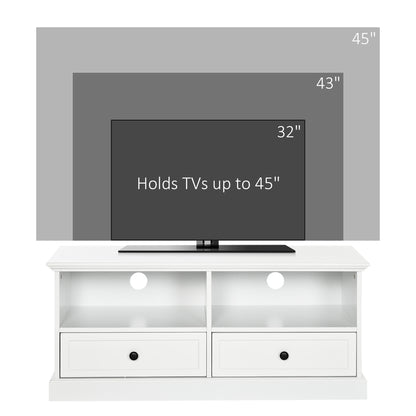 Modern TV Unit Cabinet for TVs up to 45 Inches, TV Stand with Drawers, Open Shelves, Cable Holes for Living Room, White