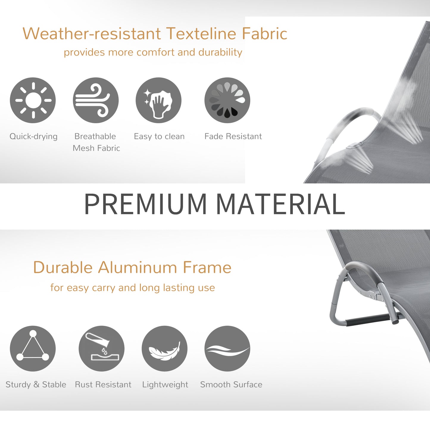 Outsunny Ergonomic Lounger Chair Portable Armchair with Removable Headrest Pillow for Garden Patio Outside All Aluminium Frame Dark Grey